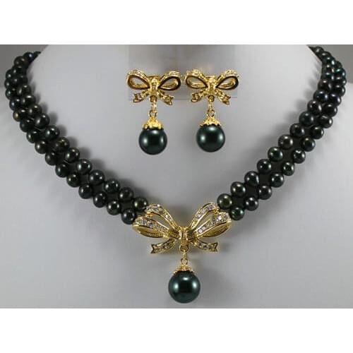 Yellow GP 6-7mm Black Pearl&Shell Pearl Necklace Earring 17"-18