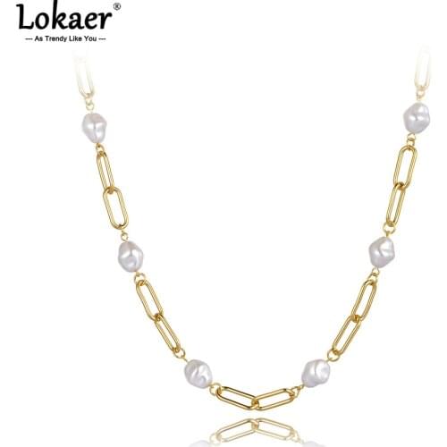 Lokaer Fashion Goth Stainless Steel Geometry Chain & Link Necklaces Bohemia White Pearl Choker Necklace For Women Girls N21113