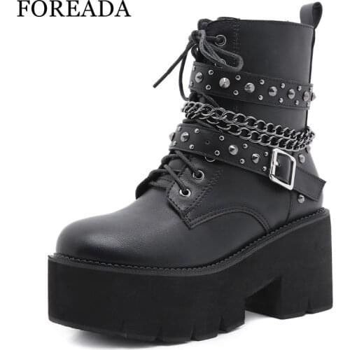 FOREADA Woman Punk Motorcycle Boots Platform Thick High Heel Rivet Shoes Chain Round Toe Zipper Ankle Boots Autumn Nightclub 43
