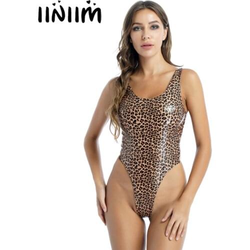Women Leopard Print Patent Leather Catsuit Clubwear Sleeveless High Cut Sexy Bodysuit Tight Romper Jumpsuit Swimsuit Swimwear