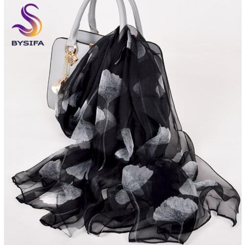 [BYSIFA] Black White Silk Scarf Women Winter New Ginkgo Leaf 100% Silk Long Scarves Spring Fall Brand Thin Sexy Satin Silk Scarf