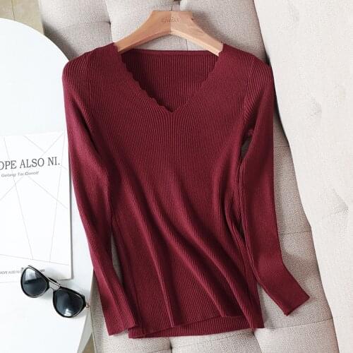 2020 basic wavy v-neck solid autumn winter Sweater Pullover Women Female Knitted sweater slim long sleeve badycon sweater cheap