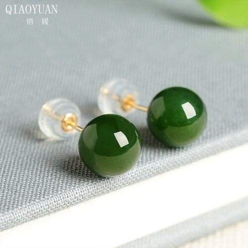 18K gold earings jasper jade earrings for women jewelry Retro Stud earring Emerald green wedding gem real gold jewelry