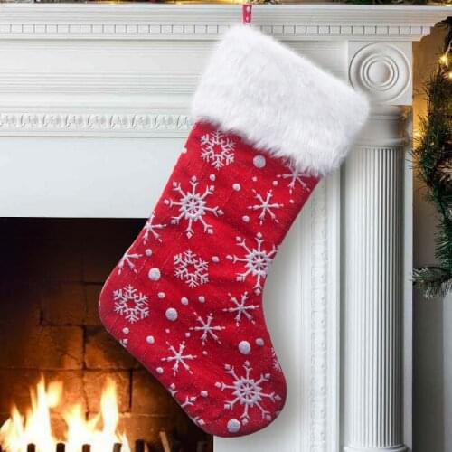 8 Pcs 18'' Red Christmas Stocking with Snowflakes Pattern Faux Fur Cuff Xmas Party Home Decoration Kids Gift Wholesale X2