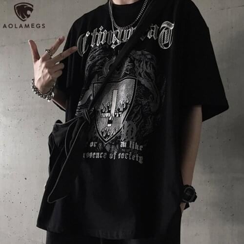 Aolamegs Oversized T-shirt Diablo Pattern Letter Mens T-Shirts Fashion Gothic Tee Shirts For Men High Street Streetwear Summer