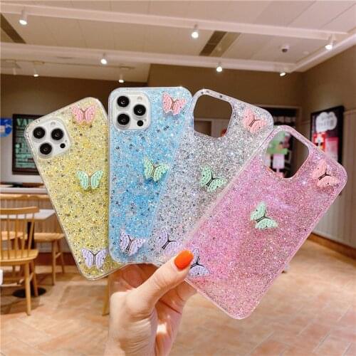 Fashion Butterfly Sequins Phone Case For Xiaomi Redmi Note 10 Pro 8 8A Note 9 9A 9C 9T POCO X3 NFC M3 Mi 10T Lite Glitter Cover