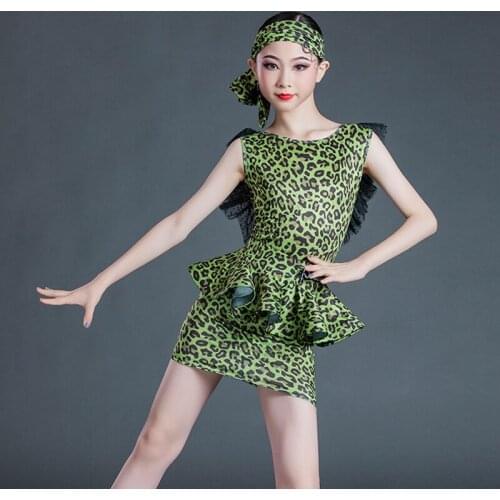 Summer Green Leopard Print Split Suit Sleeveless Backless Top Puff Skirt Kids Latin Dance Costume Girls Practice Clothes SL5307