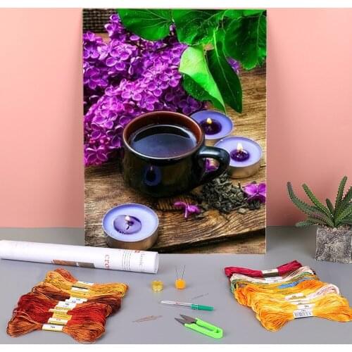 Coffee Cup Flowers Kitchen Printed Water-Soluble Canvas 11CT Cross Stitch Set DIY Embroidery DMC Threads Jewelry