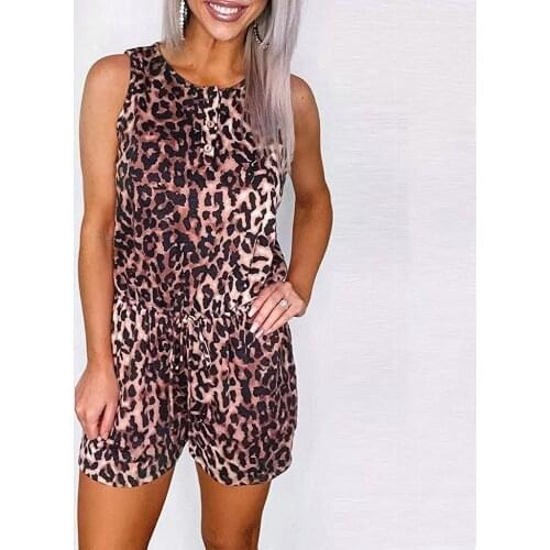 Womens Tie-Dye Leopard Sleeveless onesie bodysuit Beach elastique Shorts Jumpsuit Crew-Neck Summer Romper monos cortos mujer