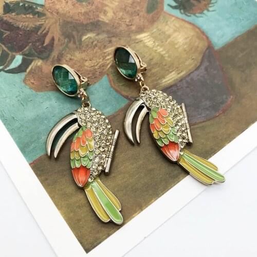 Cute Birds Earrings Clip Fashion Pendant Colorful Enamel Statement Jewelry Big Ear Clip-on Accessories