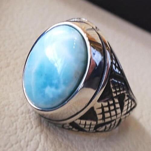 Fashion Man Dominican Larimar Gemstone Wedding Mens Alloy Ring Jewelry Size 6-10