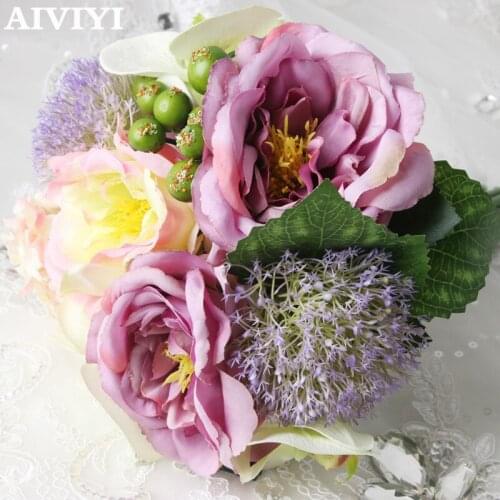 Touch latex Wedding of the bride hand artificial rose silk peony hydrangea flower hybrid bouquet home wedding DIY decoration