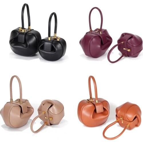 Genuine Leather Vintage Bell Shape Pillow Barrel Round Handbags Evening Bag 63HC