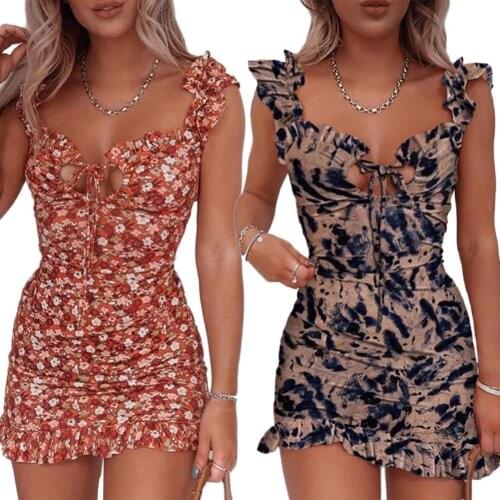 New Summer V-neck Chest Cut Out Floral Ruffle Trim Mini Dress Dress Elegant Bodycon Sexy Party Dress платье летнее 2021 Платья