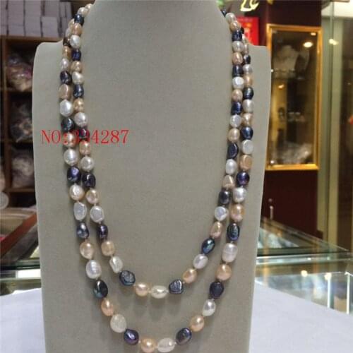Genuine Natural 8-9mm White Pink black Baroque Freshwater Pearl Necklace 48" Long sweater chain