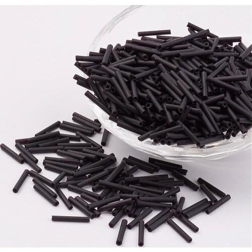 Pandahall 4''' Glass Bugle Beads, Frosted Colours, Black, 9x2mm, Hole: 0.5mm; about 7000pcs/bag