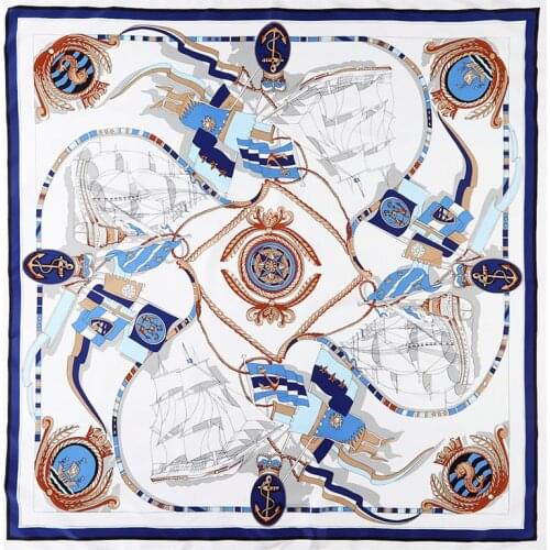 Luxury brand Chain Sailboat Print silk square scarf for women Fashion shawls and wraps foulard femme Bandanas muslim hijab scarf