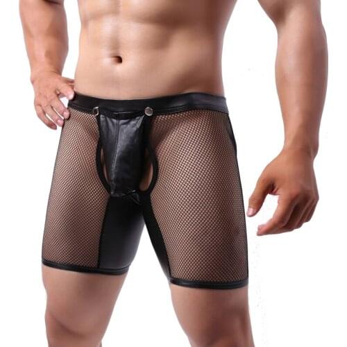 Sexy Mens Underwear Boxers Mesh PU Leather Bulge Pouch Front Open Removable Boxer Shorts Open Butt Underpants Male Homme Panties