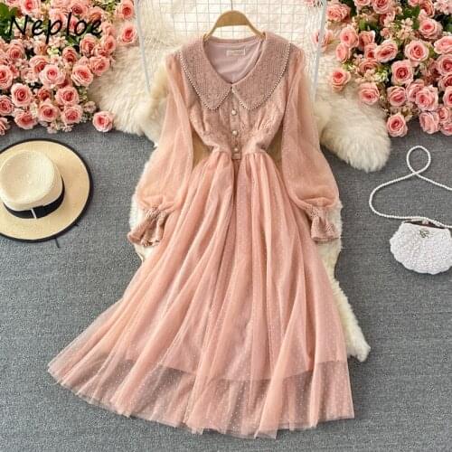 Neploe Chic High Waist A-line Female Dress Lantern Sleeve Peter Pan Collar Lace Patchwork Vestido De Mujer 2021 New Mesh Dresses