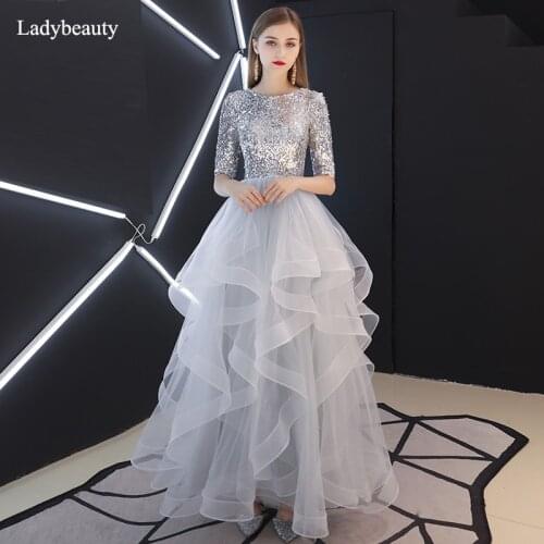 Ladybeauty Evening Dress 2019 Luxury Sequins Half Sleeve Evening Gowns Gray Party Dresses Robe De Soiree Dress