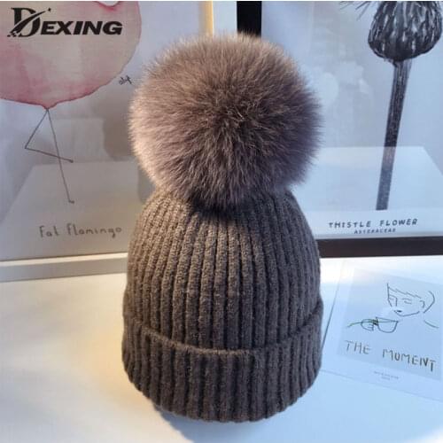Real fox Fur Pom Poms Ball Skullies Beanies Keep Warm Winter Hat for Women Girls Wool Hat Outdoor Knitted Cap Thick Female Cap