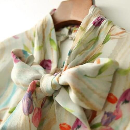 New fresh tulip printed ribbon collar Pullover silk shirt women blouses Regular Print Bow COTTON blouses for women