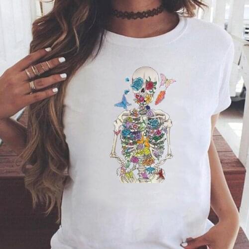 Women T-shirts 90s Skull Funny Cute Watercolor Graphic Print Female Fashion Cartoon Summer T Top Shirt Tee T-Shirt