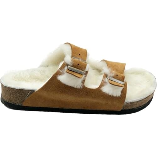 Women Tan Genuine Leather Cork Base Furry Slippers-Quality-Pleasing Appearance-Convenient-Different Design 2021 Style trend Fashion New Genuine Leather, Stylish And Quality Slippers For Women