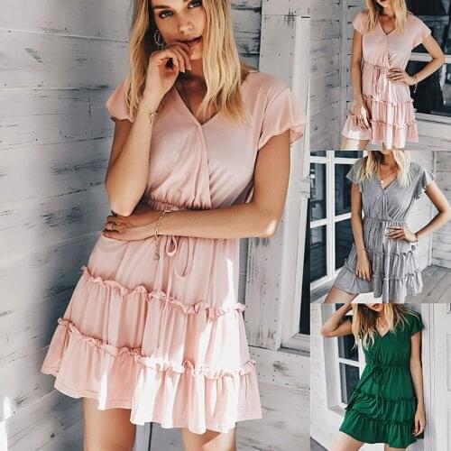 2021 New Summer Womens Elegant Butterfly Sleeve Knitting Dress Ladies Casual Cotton Above Knee Mini Short V-neck Solid Dress