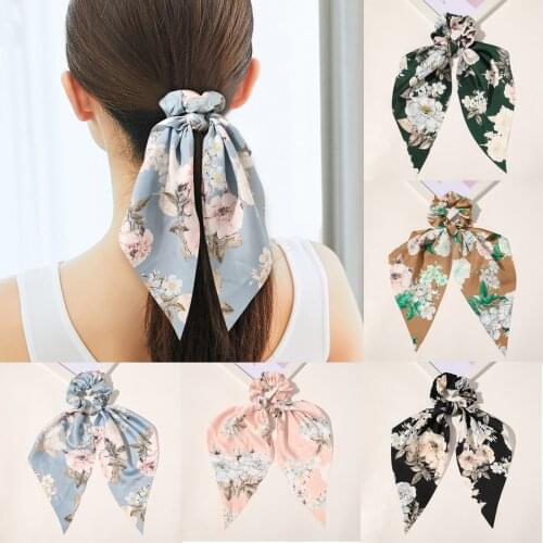 2021 Summer Dot Floral Print Korea Elastic Hair Bands Long Ribbon Scrunchies Women Ponytail Hair Scarf Hair Rope Solid Hair Ties