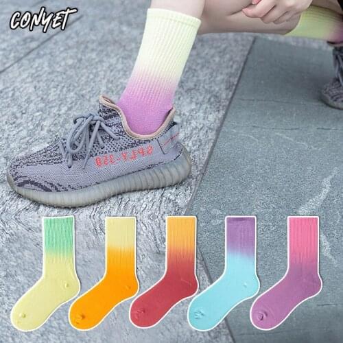 3Pairs Rainbow Crew Street Fashion Dusk Gloaming Sunset Socks Pure Cotton Gradient Color Gradients Ramp Gradients Romantic Sky