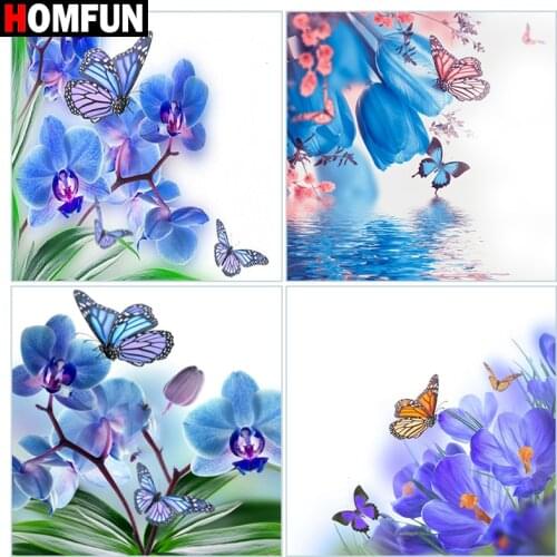 HOMFUN 5D Diamond Pattern Rhinestone Needlework Diy Diamond Painting Cross Stitch "Butterfly blue flower" Diamond Embroidery