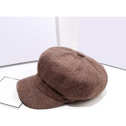 Beret Vintage Men Women Autumn Winter Plaid Warm Beret Hat Wide Brim Octagonal Cap