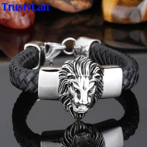 TrustyLan Black Genuine Leather Man Bracelets For Men Punk Stainless Steel Lion Head Mens Bracelets & Bangles Friends Jewelry