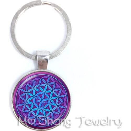 Flower of Life Key Chain Ring Sacred Geometry Jewelry OM Pendant Keychain Buddhism Yoga Mandala Glass Dome Key Chains