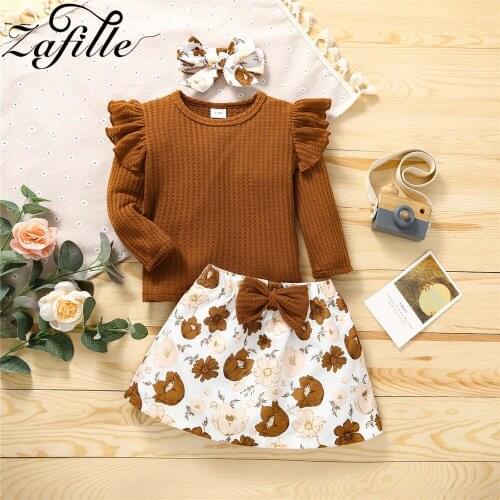 ZAFILLE 0-24M Toddler Kids Clothes Girls Outfits Brown Cotton T-shirts and Floral Skirts Autumn Baby Girl Clothes Set Newborns