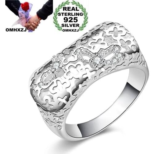 OMHXZJ Wholesale Personality Fashion OL Woman Girl Party Wedding Gift Rectangle Luxury AAA Zircon 925 Sterling Silver Ring RN186