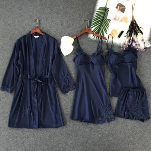Sexy Womens Robe Gown Sets Lace Bathrobe Night Dress 4 Pieces Sleepwear Women Silk Robe Home Clothes Femme Lingerie