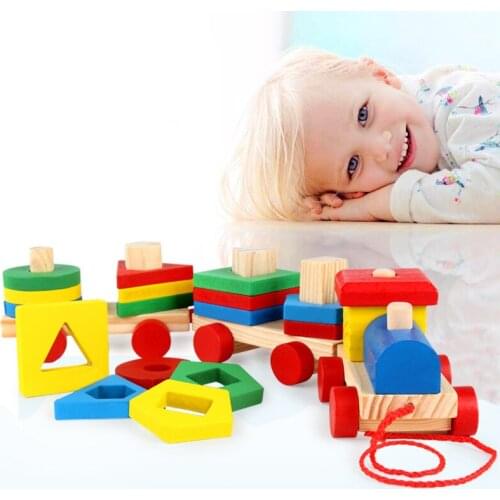 Wooden Train Children Trailer Building Blocks Fun Game Kids Early Learning Toy Baby Geometric Building Blocks Color Pairing Gift