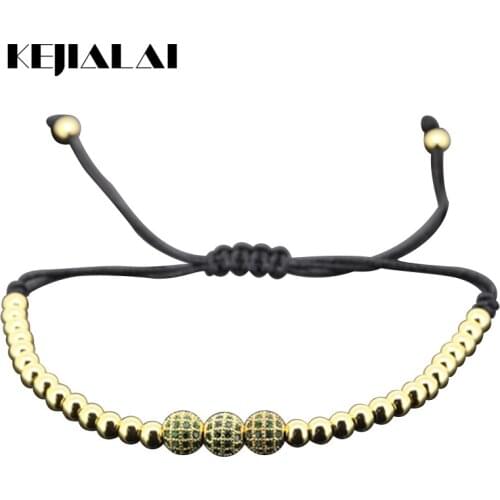 1pcs gold color 4mm round Beads & 6mm green micro pave CZ beads briading macrame women bracelet hot brand men weaving bracelet