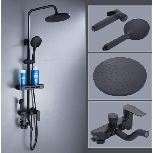 Matte Black Rainfall Shower Faucet Set 3/4 Mode Single Lever Bathtub Shower Mixer Faucet Bathroom Bidet Sprayer Storage Shelf