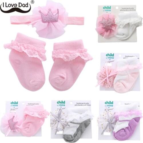 Cute Baby Girl Socks Headband Set Princess Lace Bow Baby Girl Headband Soft Cotton Infant Newborn Baby Socks Baby Shower Gift