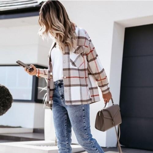 Fashion Plaid Shirt Coat For Women Woolen Loose Long Sleeve Turn-Down Jackets Ladies Autumn Winter Warm Slim Casual Streetwear