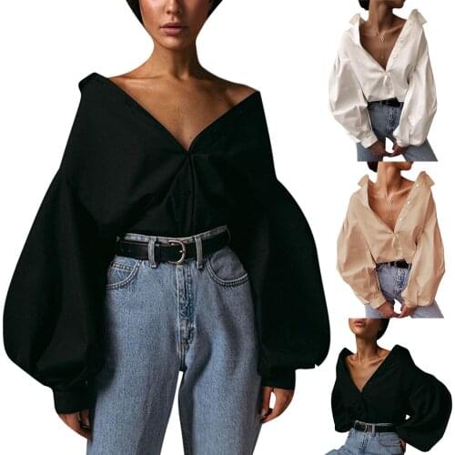 Fashion Women Solid Color Blouses, Lapel Neck Lantern Sleeve Buttons Shirts, Fall Winter Tops
