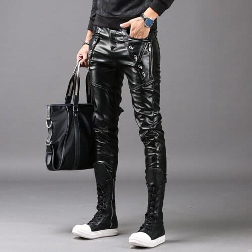 New Mens Fashion Leather Pants Men Slim Fold Pencil Pants Korean Trends Nightclubs Tights Black Joggers Pu Autumn Trousers