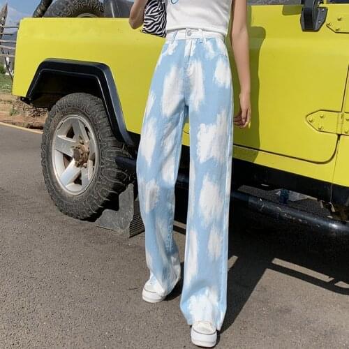 2021 New High Street High Waist Jeans Womens Straight Jeans Chic Tie-dyed Femme Loose Vintage Wide Leg Denim Pants