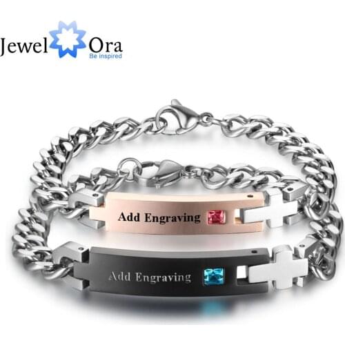 Personalized Birthstone Engrave Name Bracelet Lovers' Bracelets & Bangles Gift For Couple His Queen Her King (JewelOra BA101977)