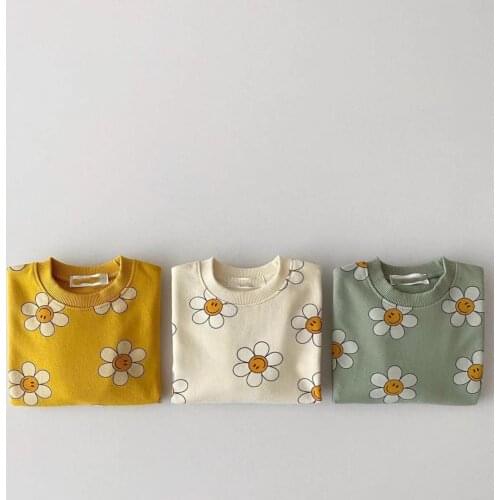 9179 Baby Clothes Sunflower Sweatershirt Autumn 2021 Sunflower Smiling Face Print Boys Hoodies 0-2Year Baby Girl Pullover Tops