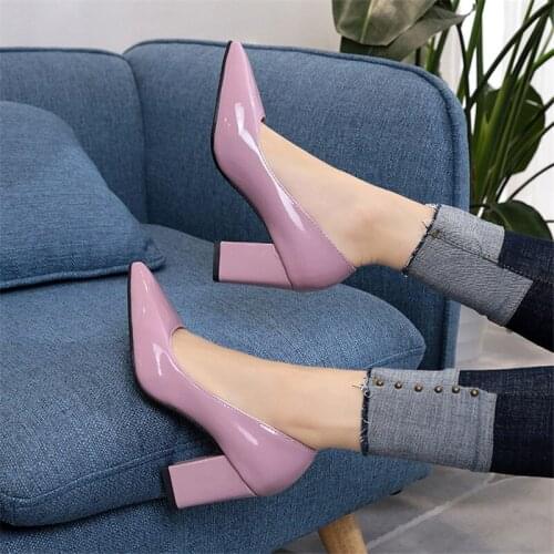 New Women Pumps Black High heels 7.5cm Lady Patent leather Shallow Thick with Autumn Pointed Single Shoes Slip-On Female Shoes55