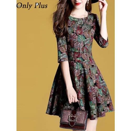 Only Plus Vintage O-Neck Mini Party Dress Print Boho Flower Spring Autumn Slim High Waist A-Line Dresses Holiday Party Vestidos